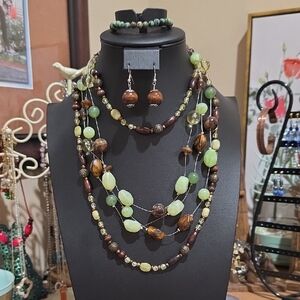 Multi-Strand Green and Brown Beaded Necklace Set with Earrings